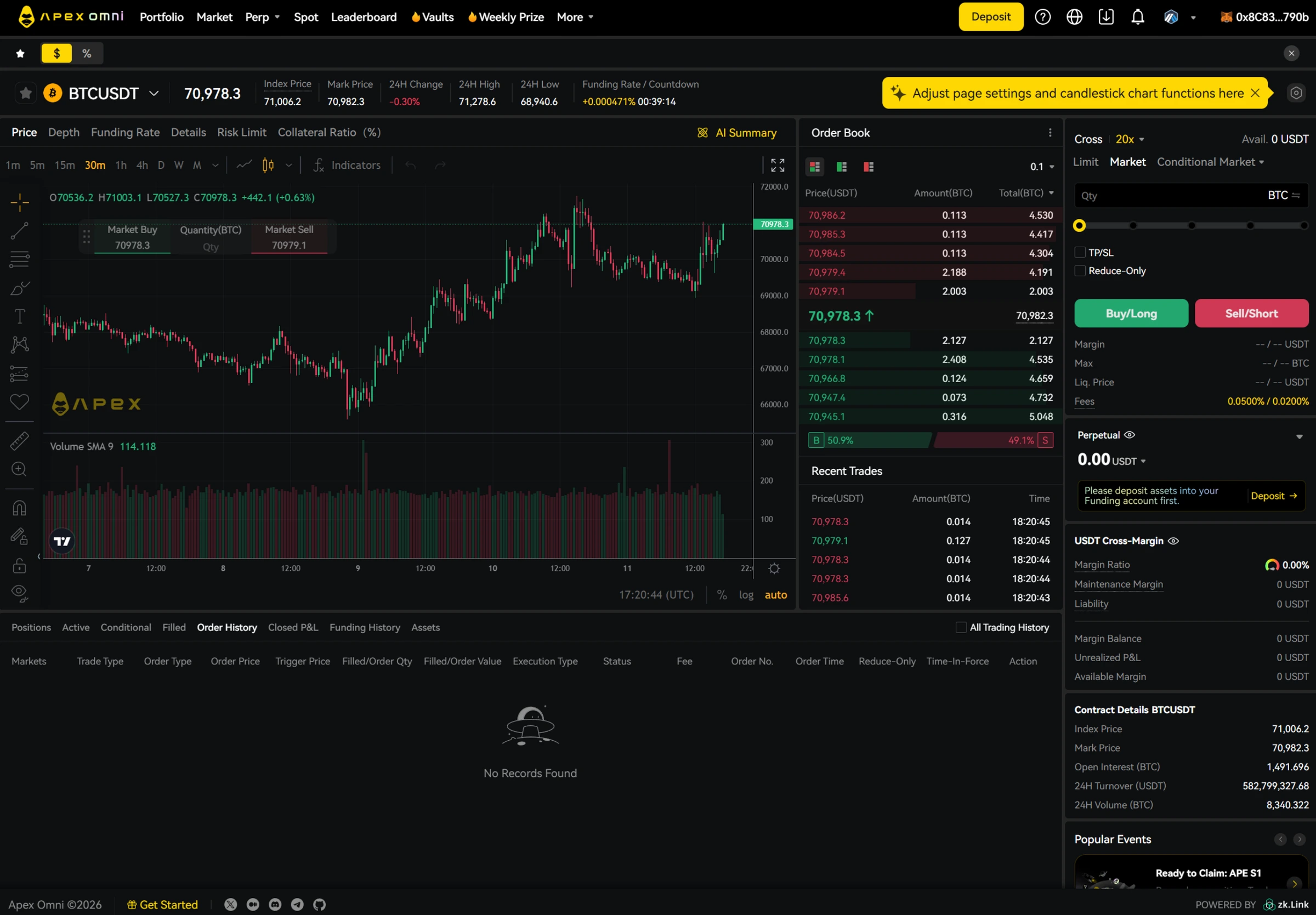 Apex Pro perpetual DEX interface showing BTC perpetual trading with wallet connection