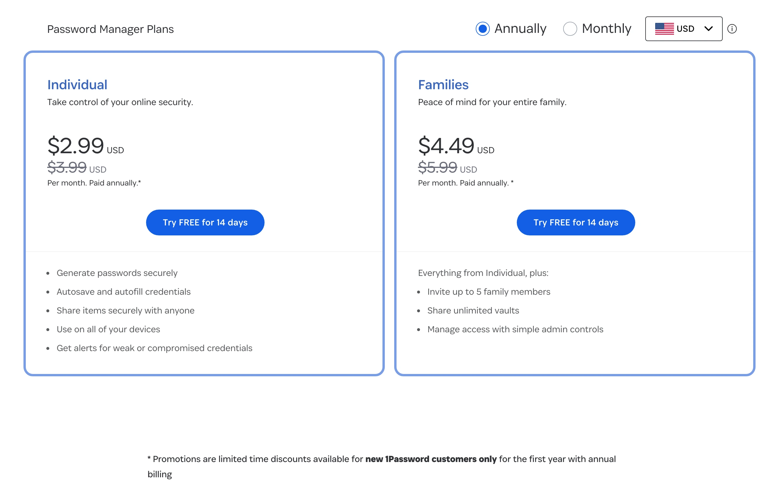 Complete 1Password annual Individual and Families plan cards with list prices, first-year offers, and new-customer promotion terms