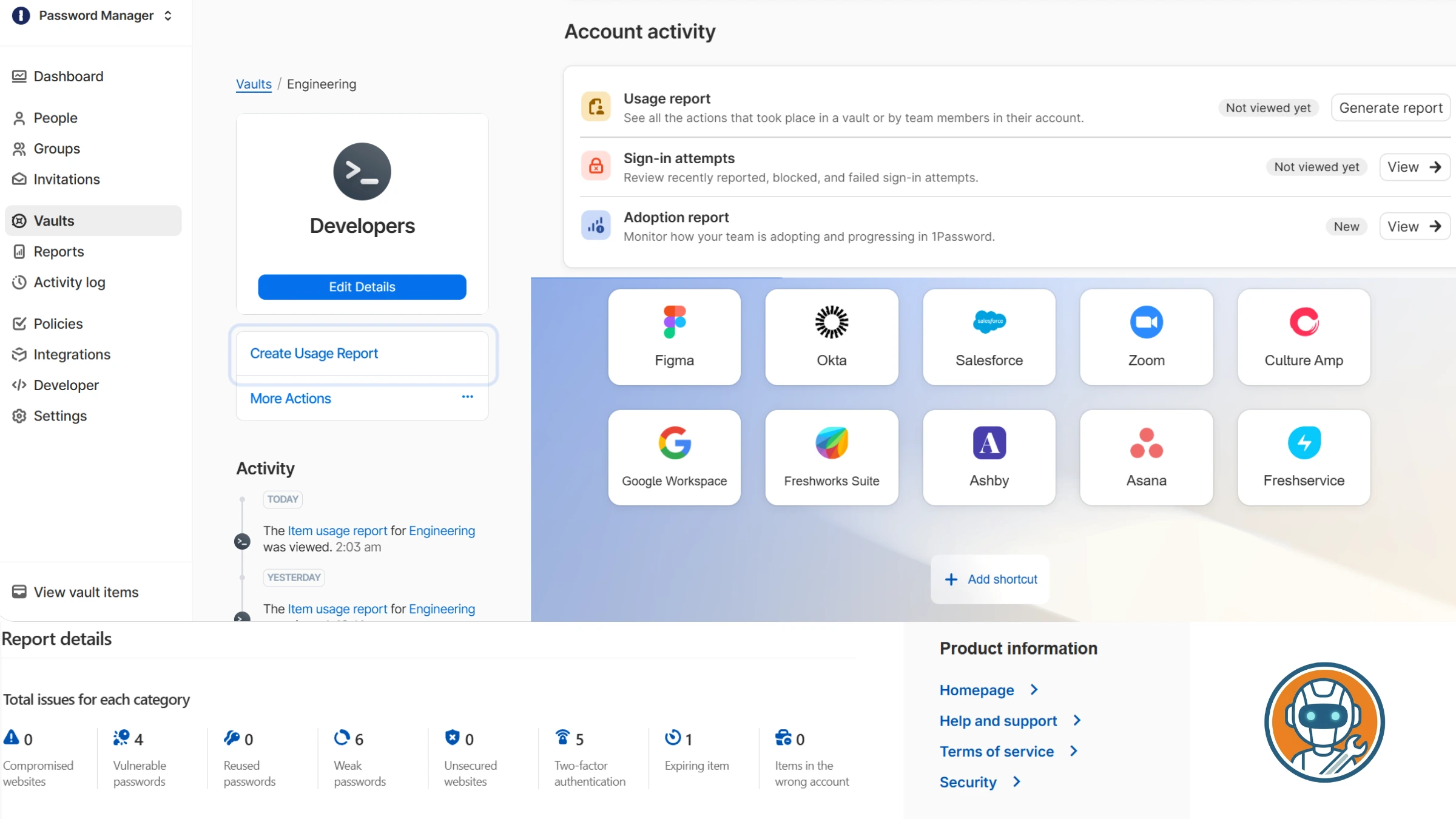 1Password Watchtower dashboard showing security score, weak passwords, and breach alerts