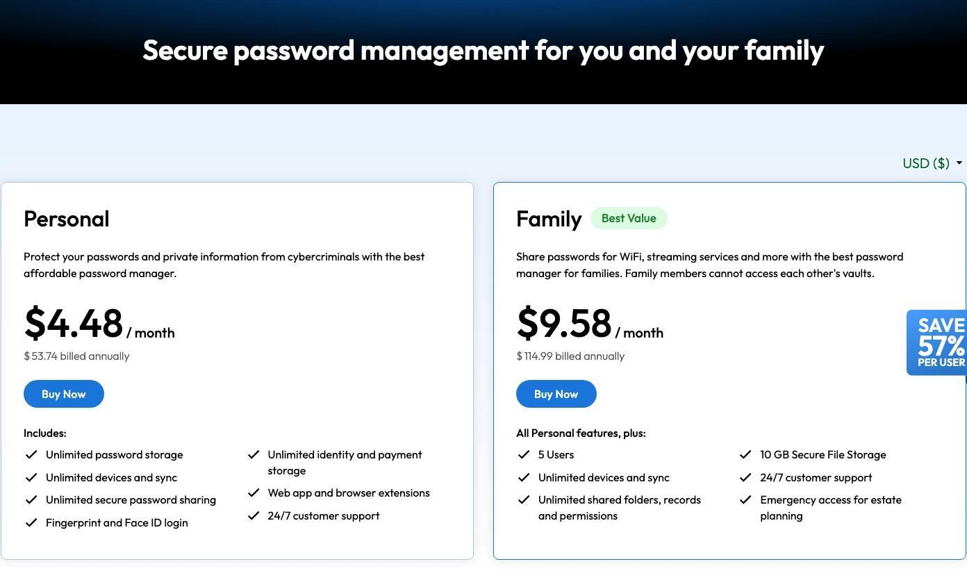 Keeper Personal and Family password manager plans showing monthly equivalents and annual billing totals
