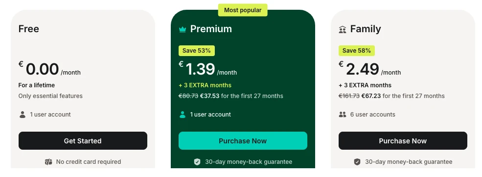 NordPass plan comparison showing Free, Premium, and Family regional promotional prices and the first 27 month term