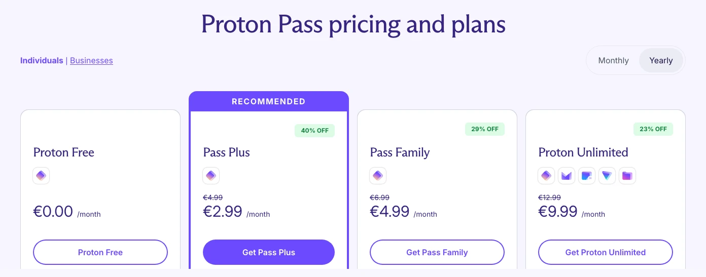 Proton Pass annual pricing page showing the free plan and localized paid plans in euros