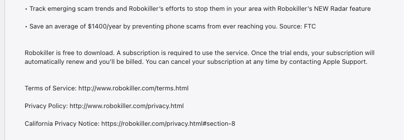 RoboKiller App Store listing showing protection claims and subscription requirement after trial