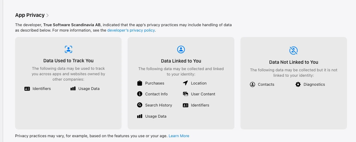 Truecaller App Store privacy label showing tracking and linked data categories