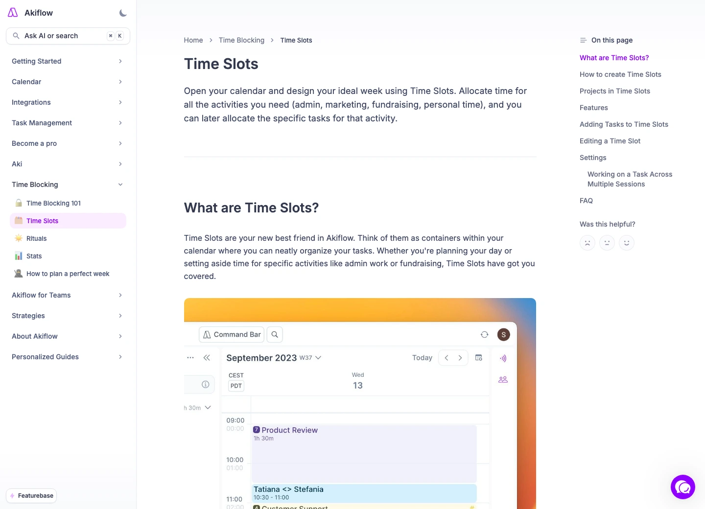 Akiflow Time Slots documentation showing time blocking workflow and task slots