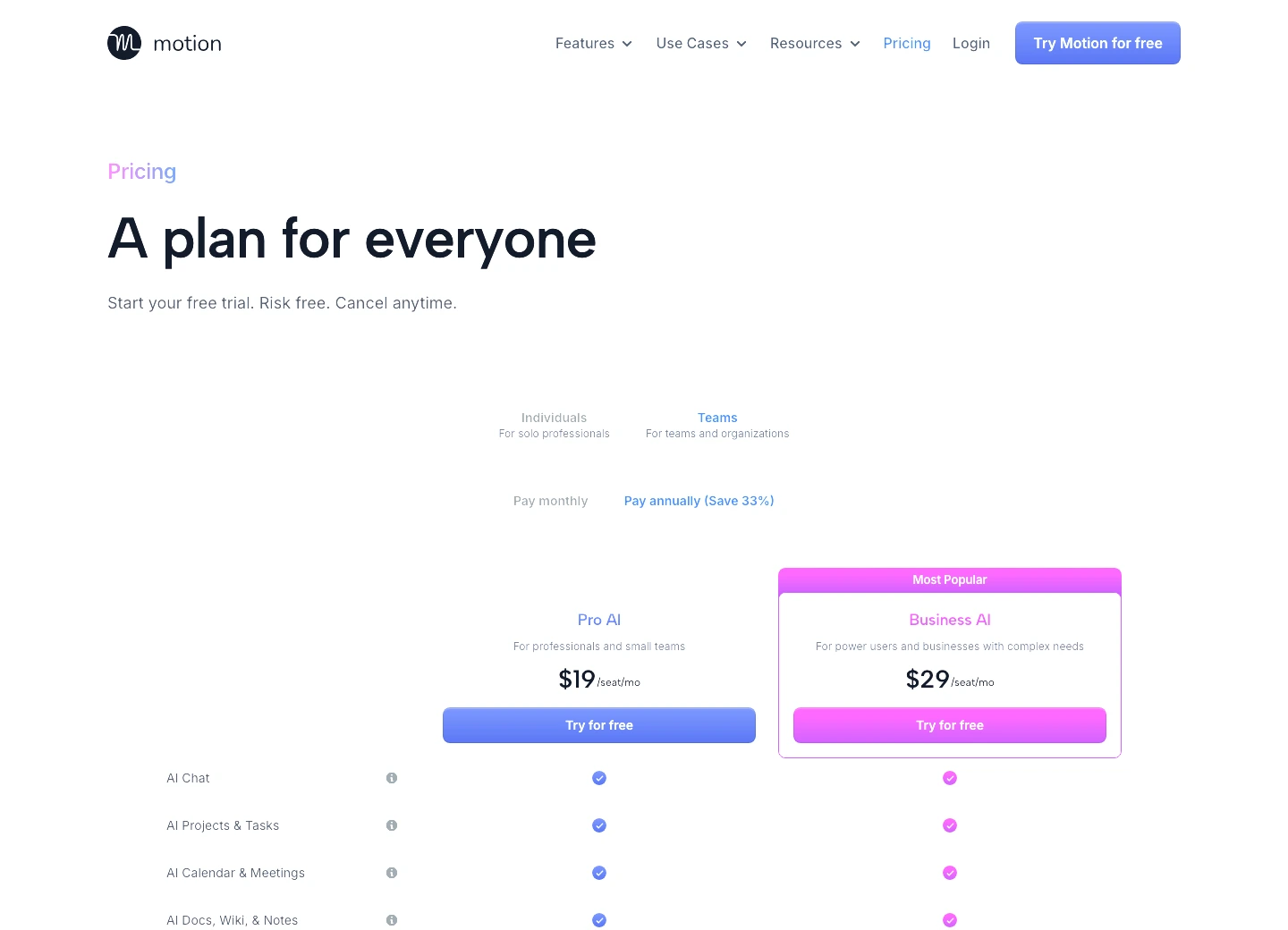 Motion pricing page showing Pro AI and Business AI plans for time blocking app comparison