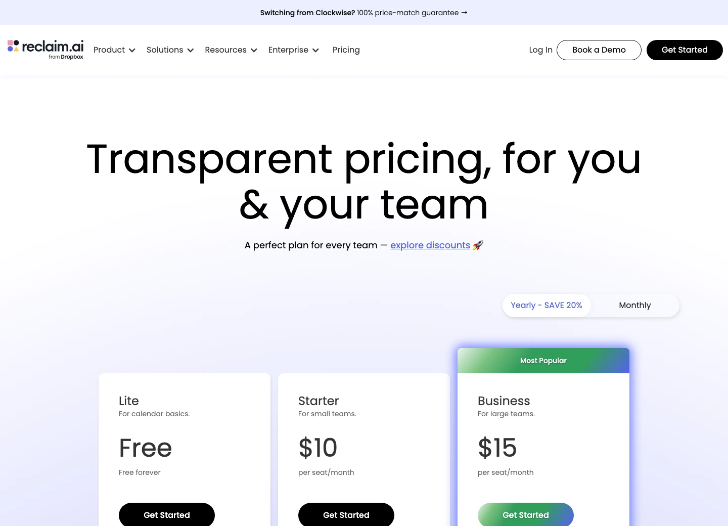 Reclaim AI pricing page showing Lite, Starter, and Business plans for best time blocking apps comparison