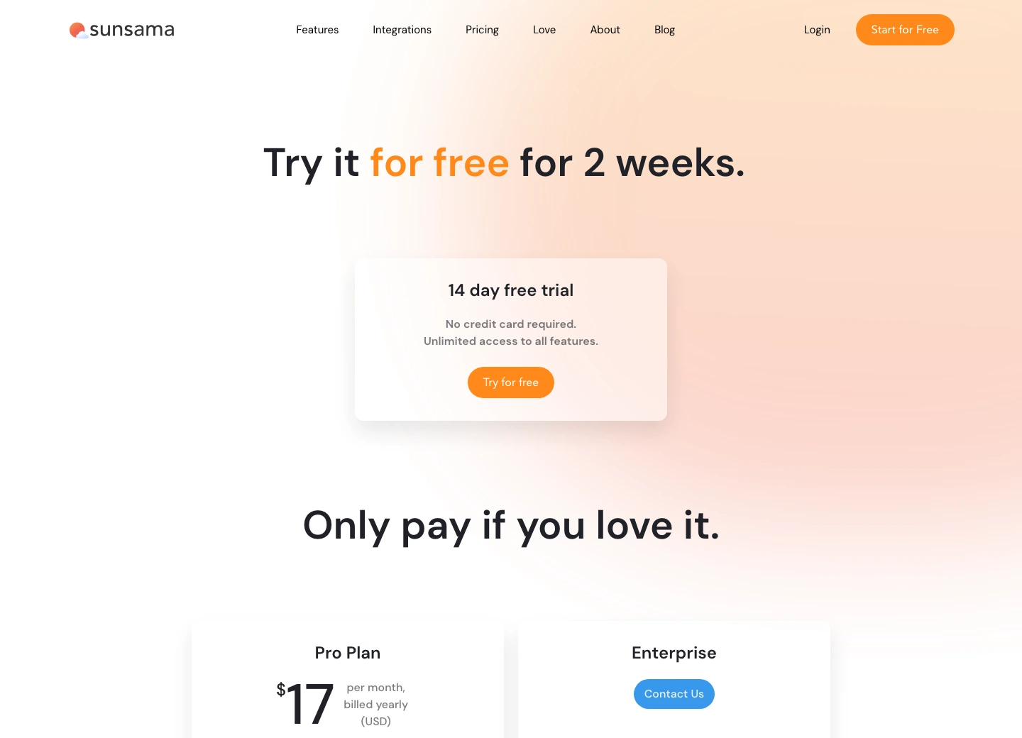 Sunsama pricing page showing 14-day trial and Pro plan for time blocking app comparison