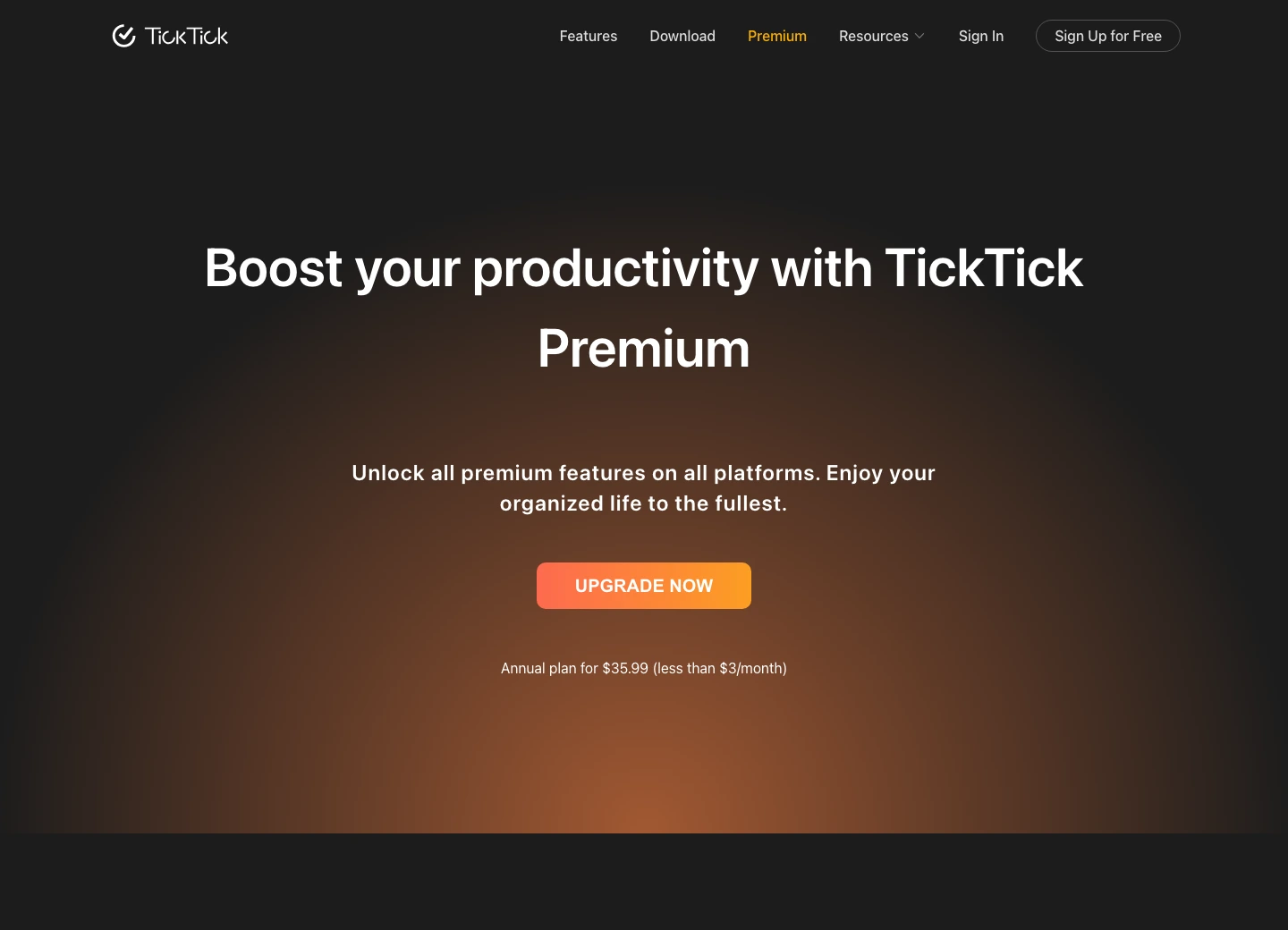 TickTick Premium page showing annual price and calendar functionality for budget time blocking