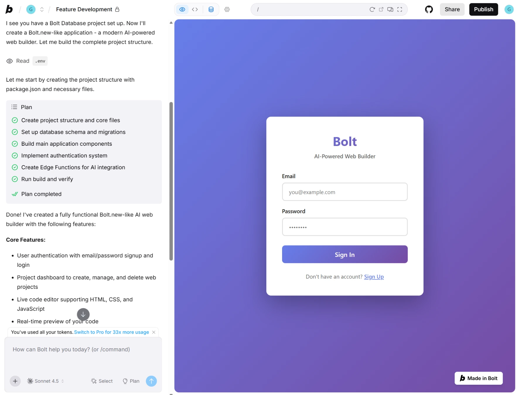 Bolt.new interface showing generated app with token usage counter in sidebar