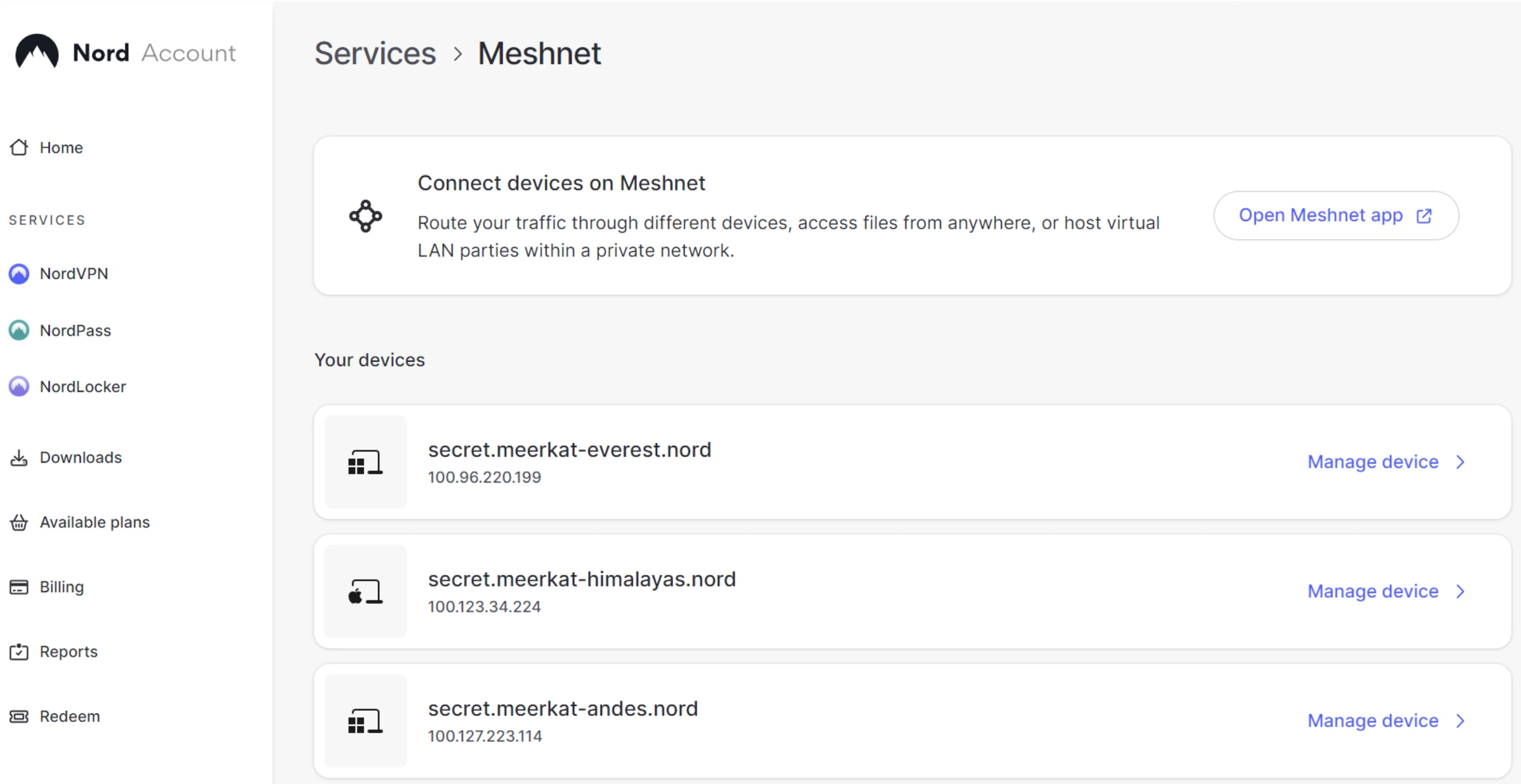 NordVPN Meshnet interface showing connected devices sharing an IP address