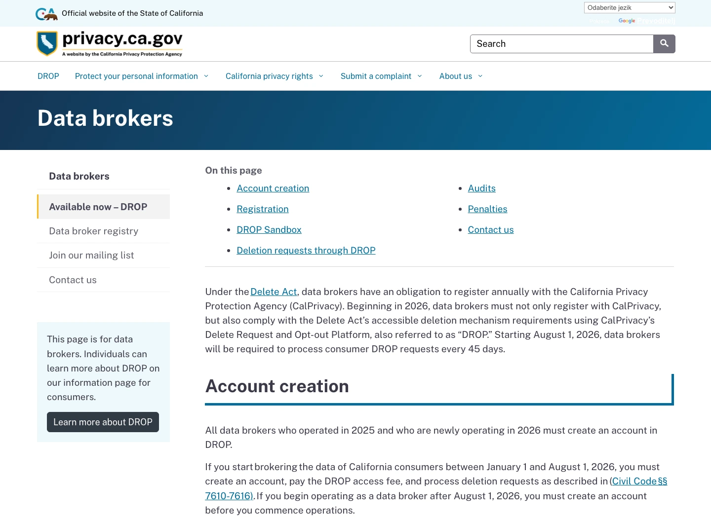 California data broker page showing DROP processing obligations for registered brokers