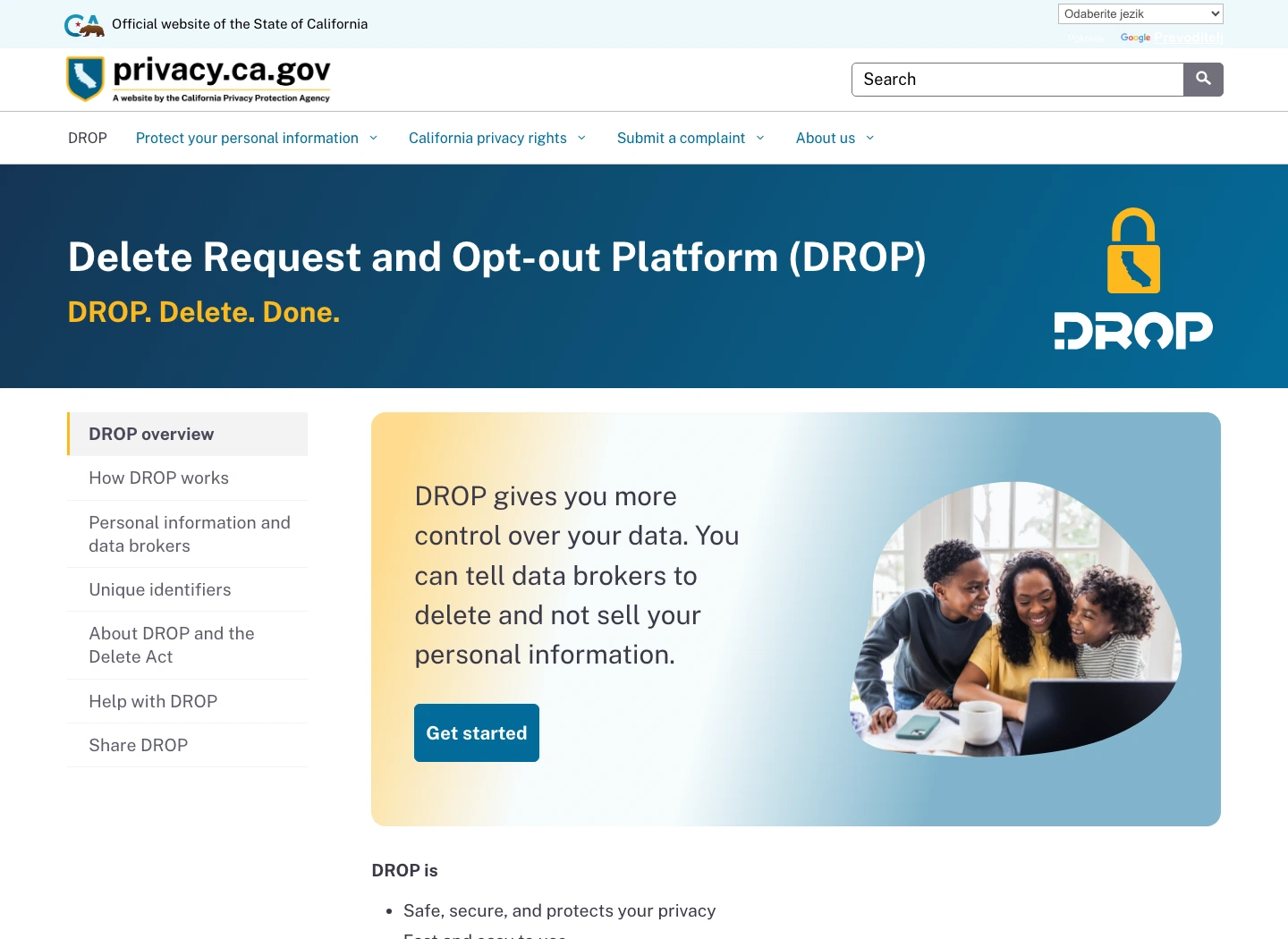California DROP official page describing the free Delete Request and Opt-out Platform
