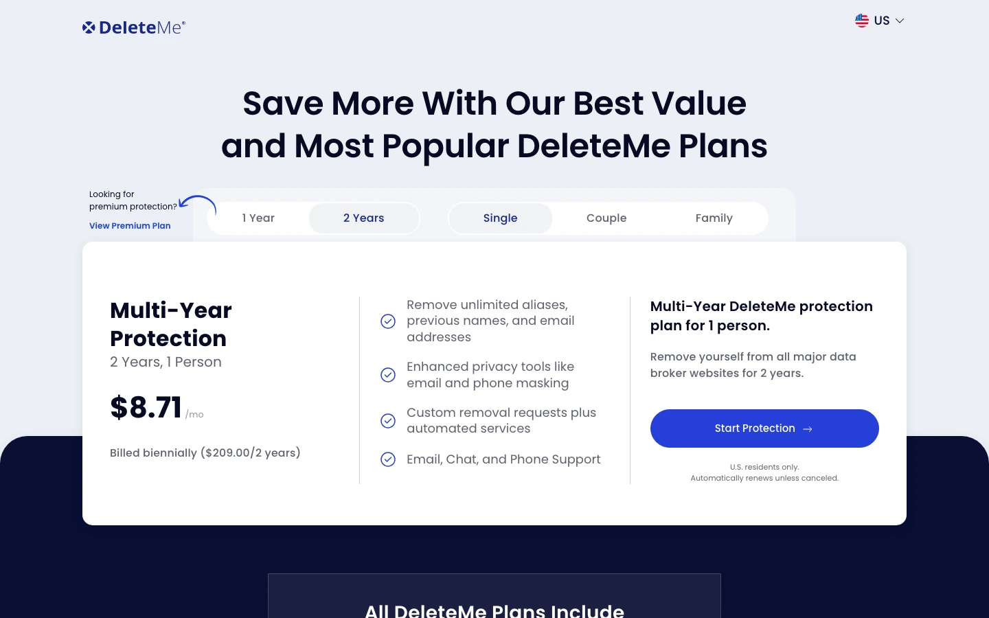 DeleteMe pricing page showing two-year single-person plan pricing in the U.S. flow