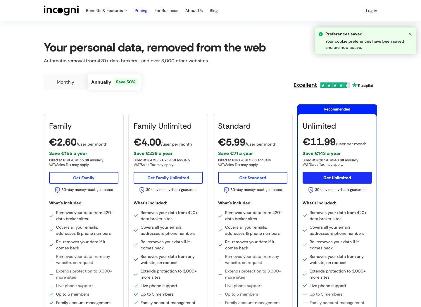 Incogni pricing page showing annual plan structure and 420 plus data broker coverage