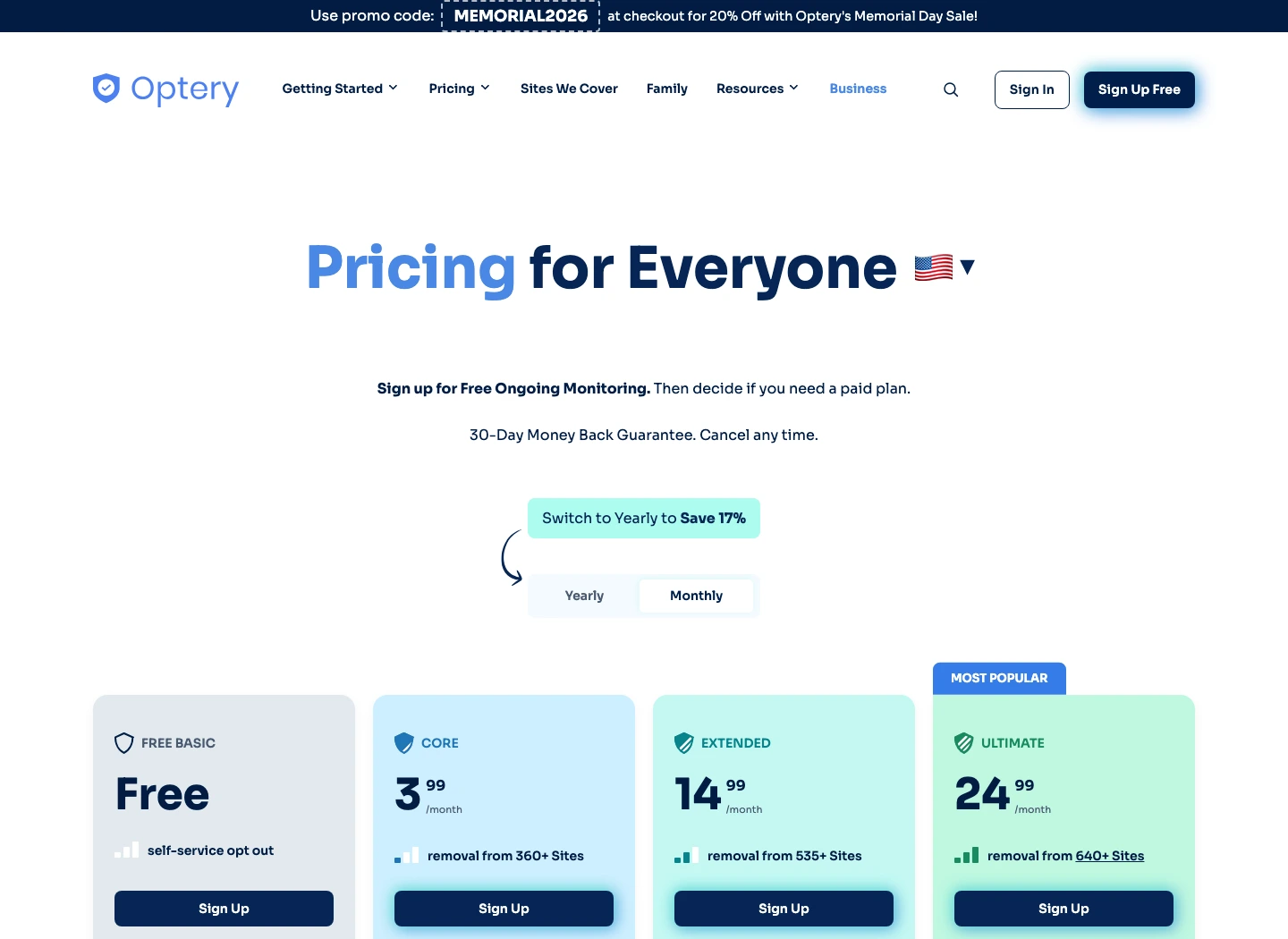 Optery pricing page showing Free Basic and paid Core, Extended, and Ultimate personal plans