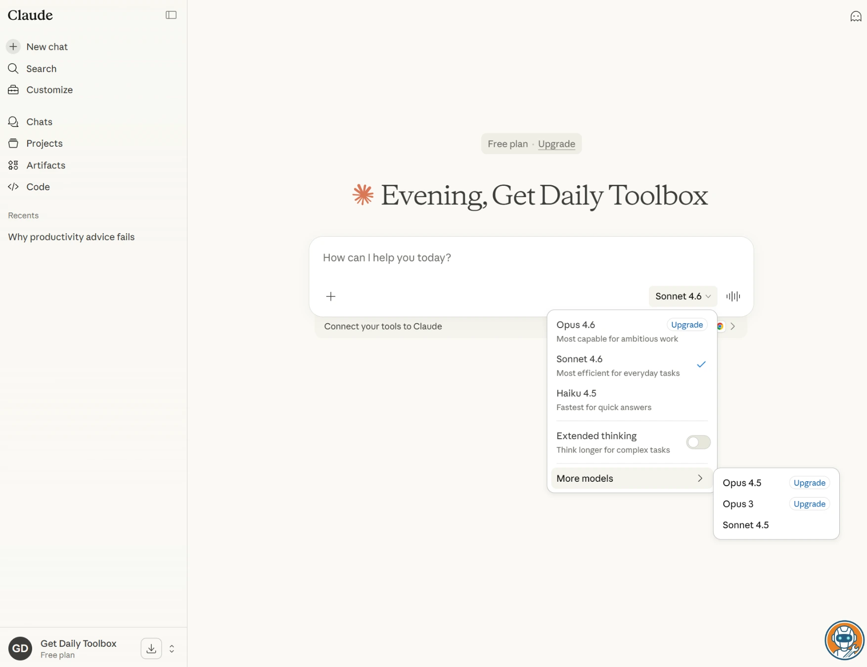 Claude AI interface showing model selector with Opus 4.6, Sonnet 4.6, and Haiku 4.5 options