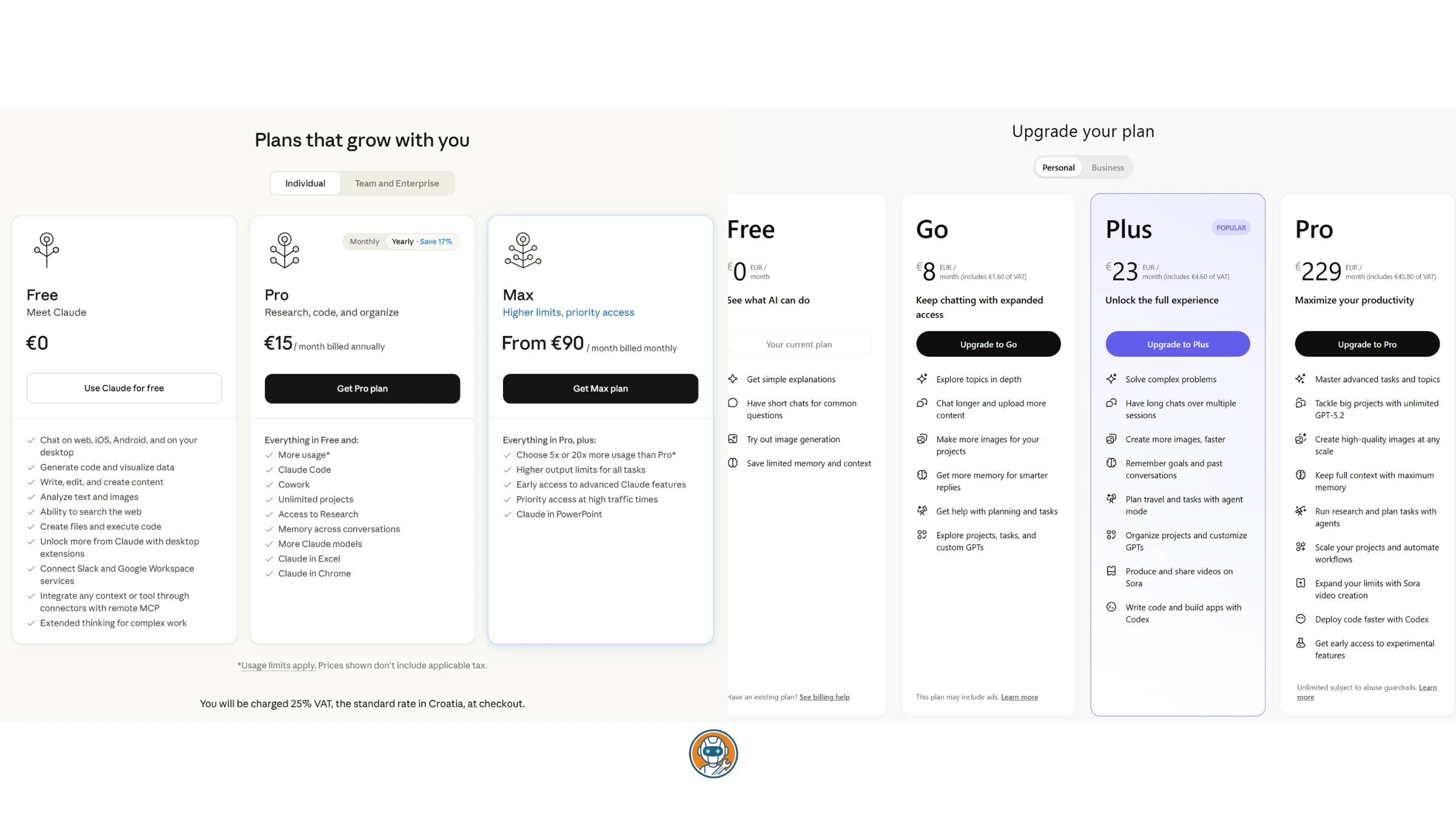 Side-by-side pricing comparison of ChatGPT and Claude showing all plan tiers