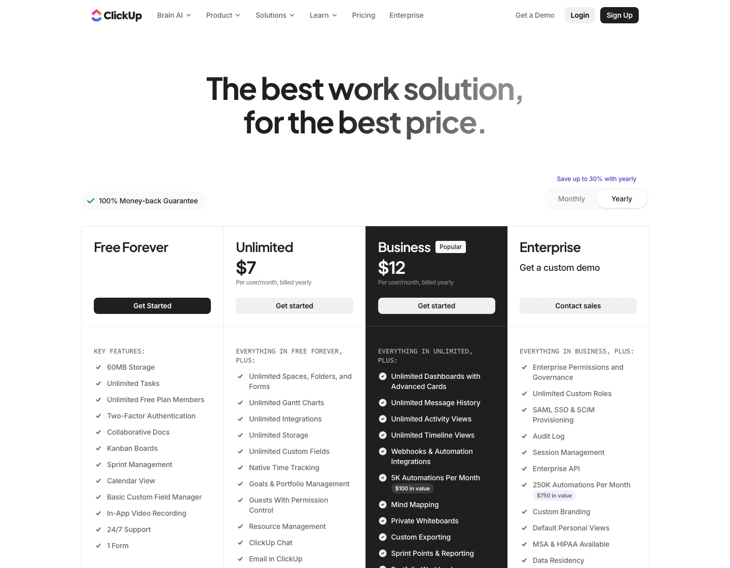 ClickUp official pricing page showing Free Forever, Unlimited, Business, and Enterprise plans