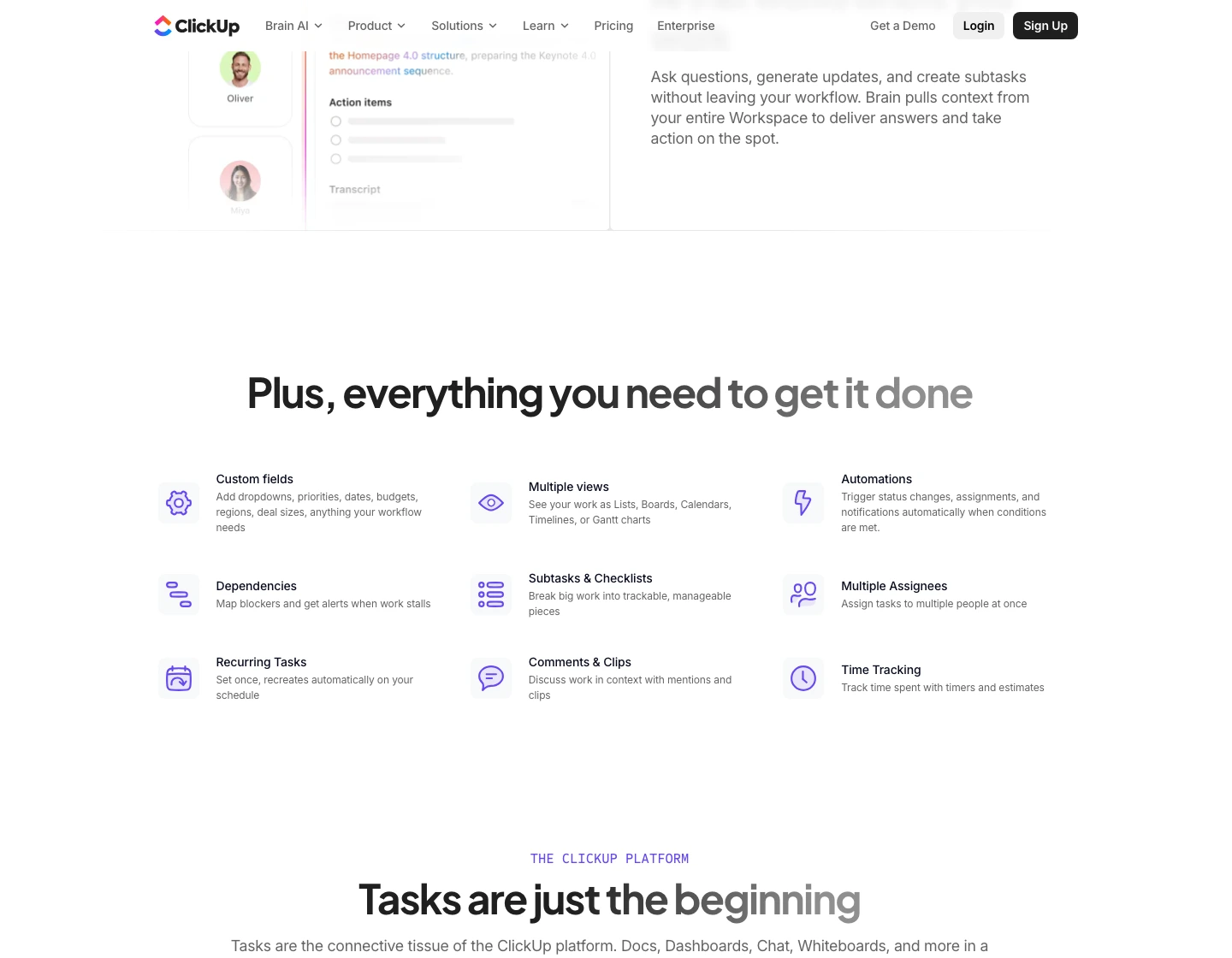 ClickUp tasks page showing custom fields, multiple views, automations, dependencies, subtasks, recurring tasks, comments, and time tracking
