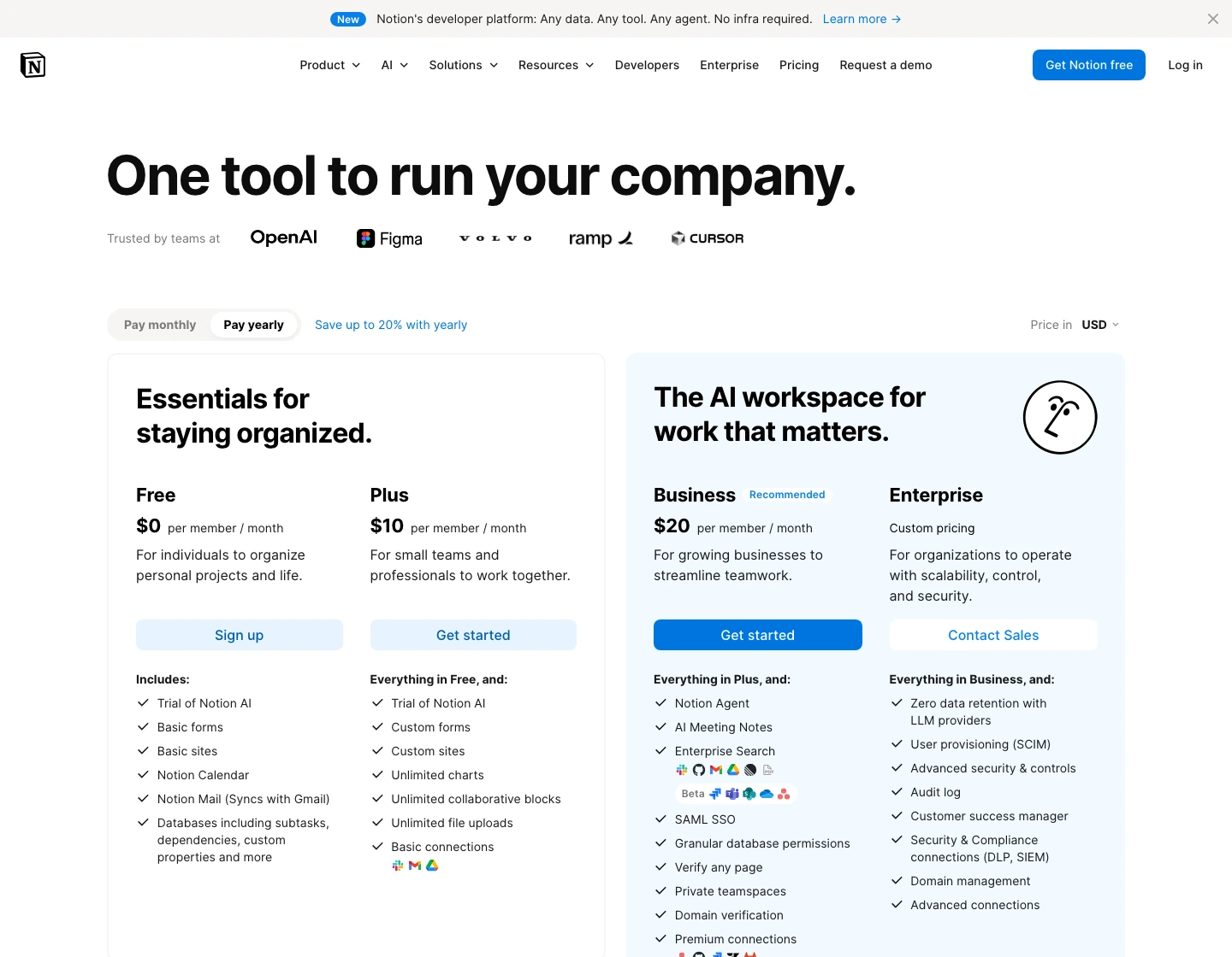 Notion official pricing page switched to USD showing Free, Plus, Business, and Enterprise plans