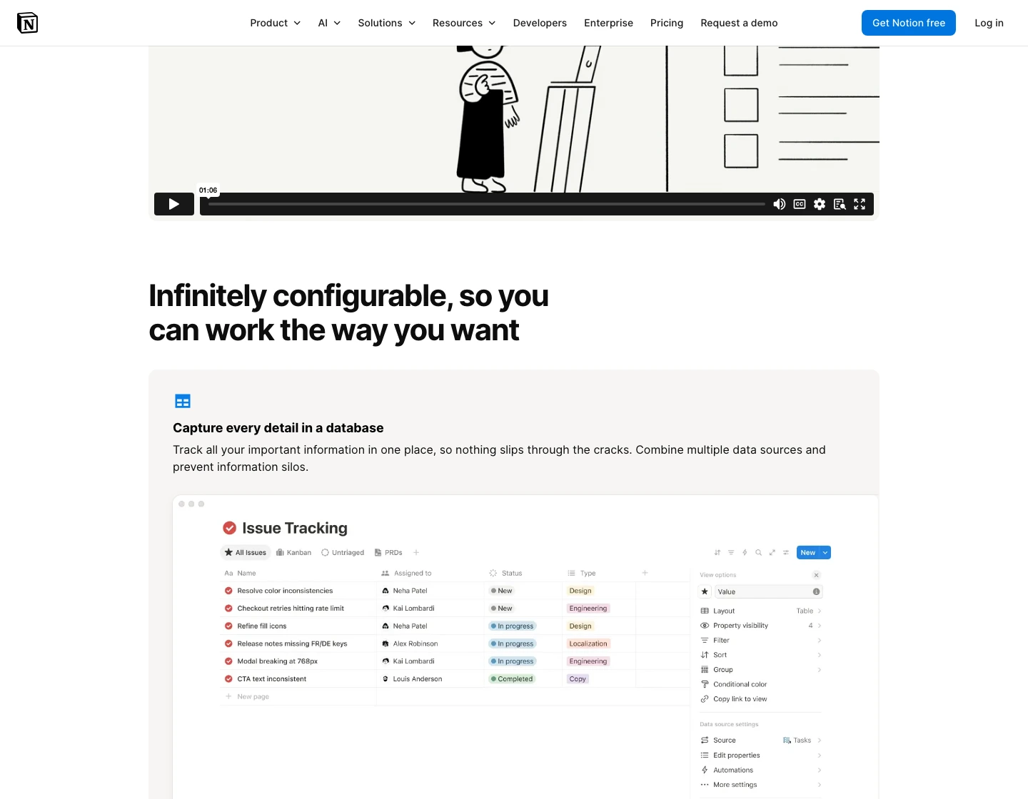Notion projects page showing database project tracking with views, properties, filters, grouping, and automations