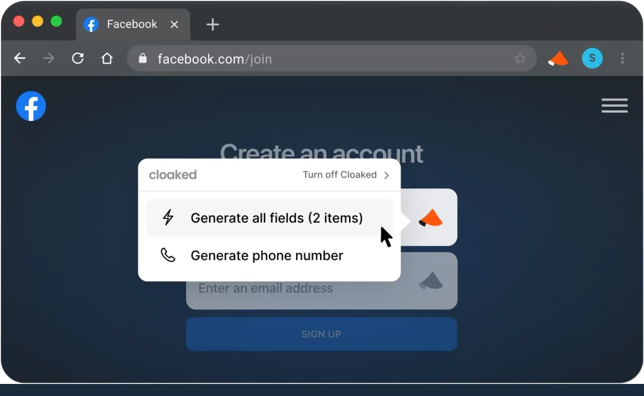Official Cloaked guidebook image showing the browser extension generating login fields and a phone number alias