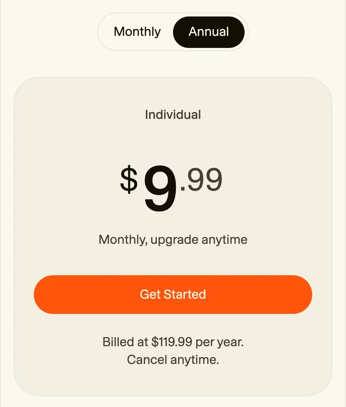 Cloaked Individual annual pricing card and selected Annual toggle show 9 dollars and 99 cents monthly equivalent and 119 dollars and 99 cents billed yearly.