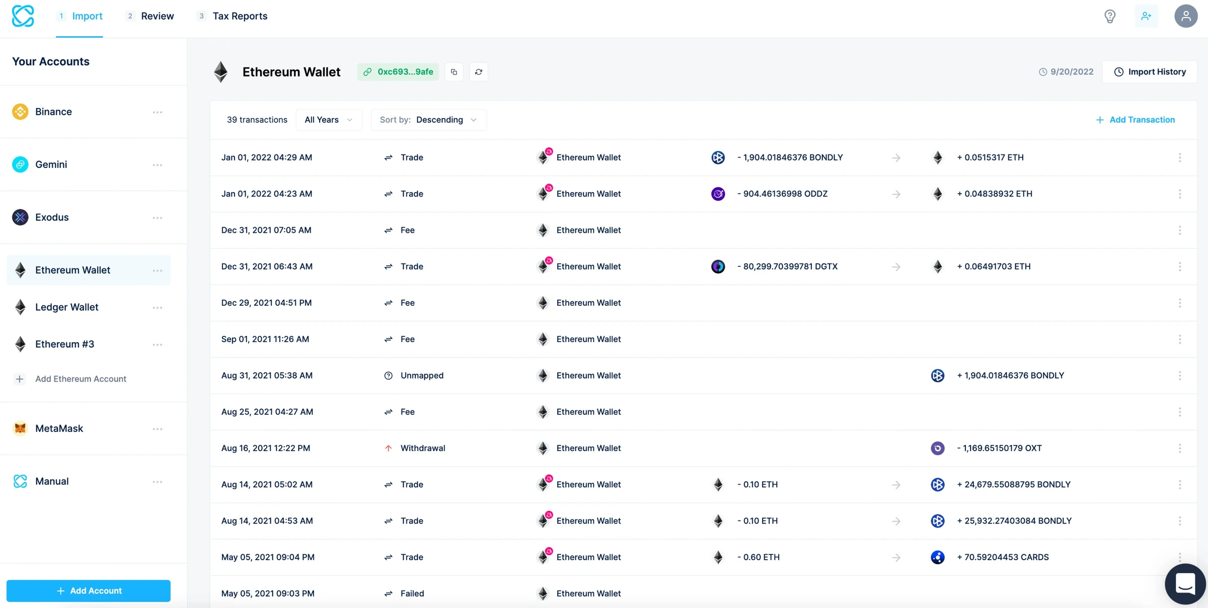 CoinLedger interface showing connected exchange accounts and portfolio overview