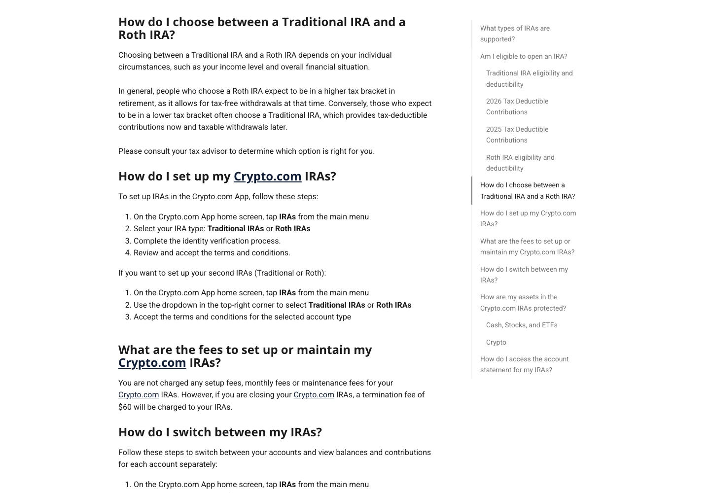 Crypto.com IRA overview page showing no setup monthly or maintenance fees and a 60 dollar termination fee