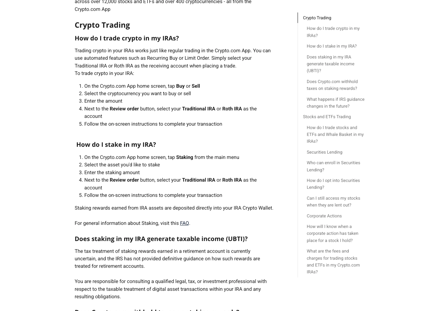 Crypto.com IRA investing page describing crypto trading and staking inside the IRA