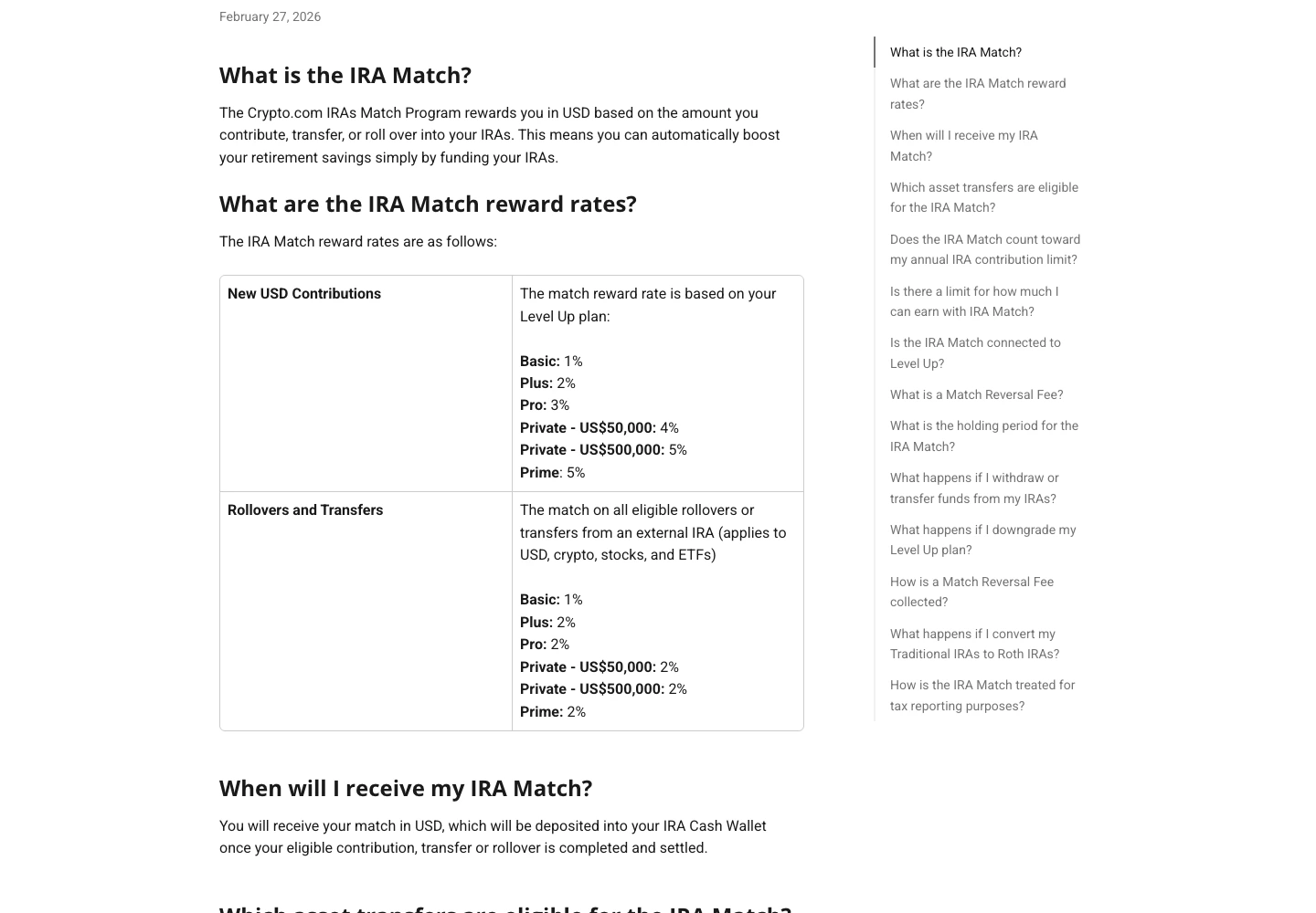 Crypto.com IRA Match page showing contribution and rollover match rates
