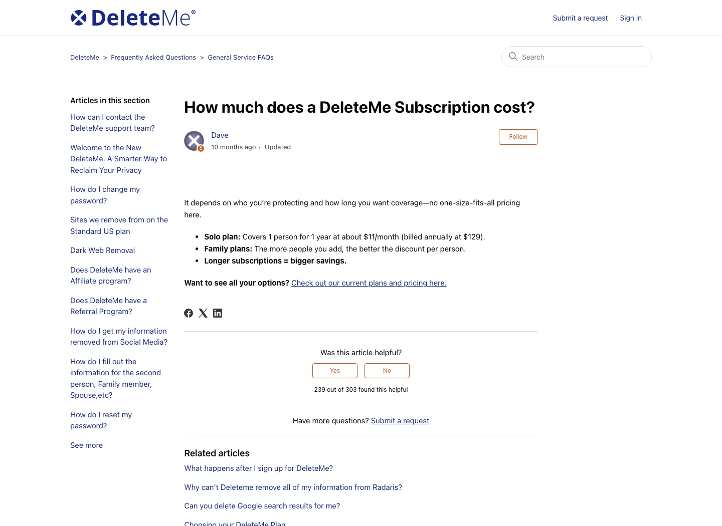 DeleteMe official help article showing Solo, Duo, Family, and extra member subscription prices