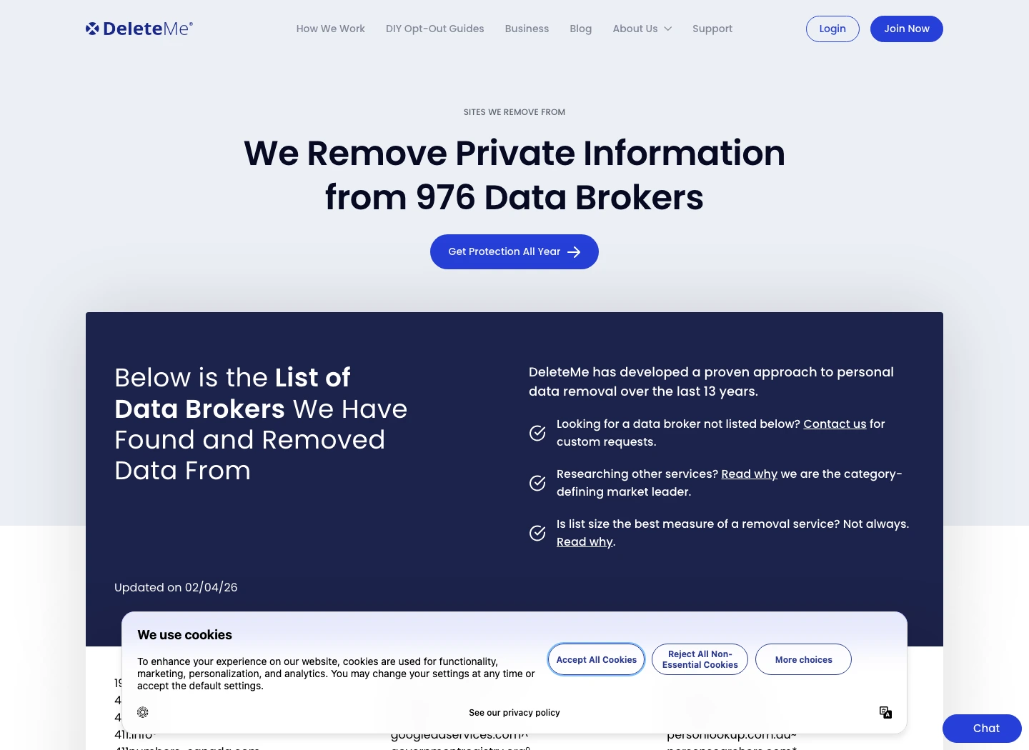 DeleteMe official sites-we-remove page stating it removes private information from 976 data brokers