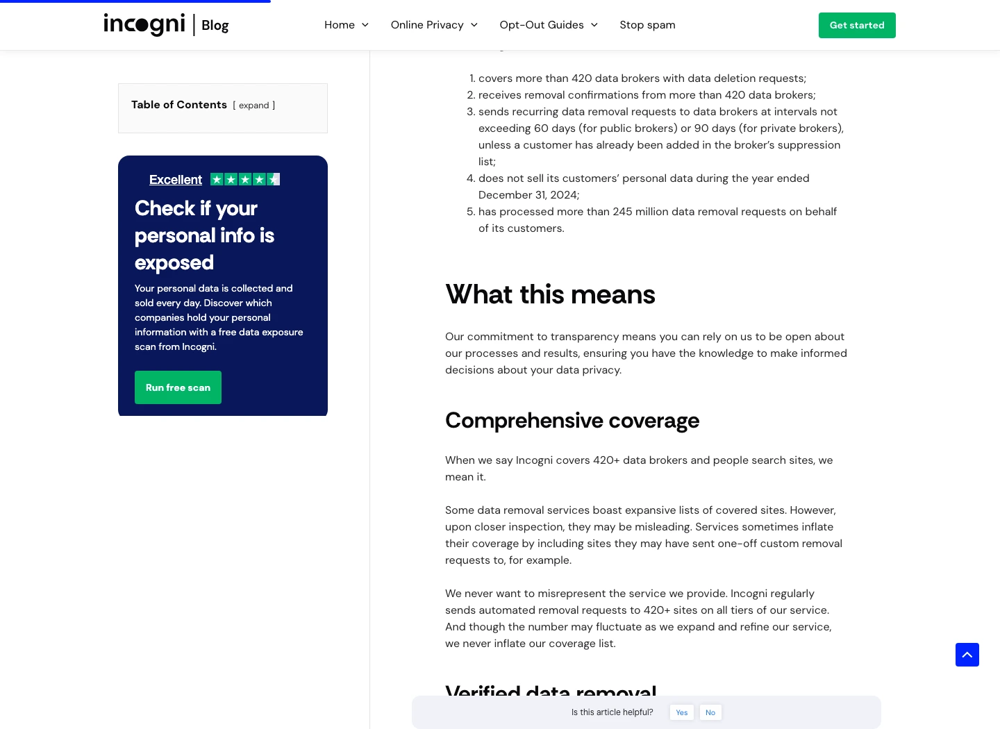 Incogni blog page describing Deloitte limited assurance around data removal operations