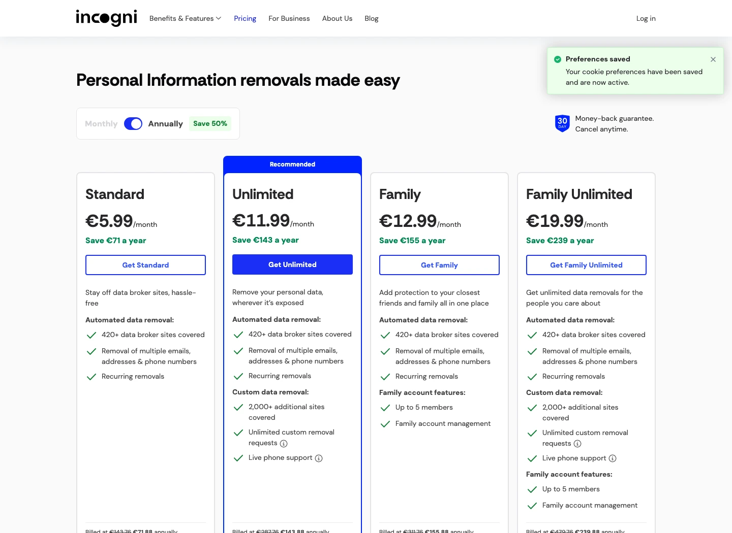 Incogni pricing page showing Standard, Unlimited, Family, and Family Unlimited annual plan structure