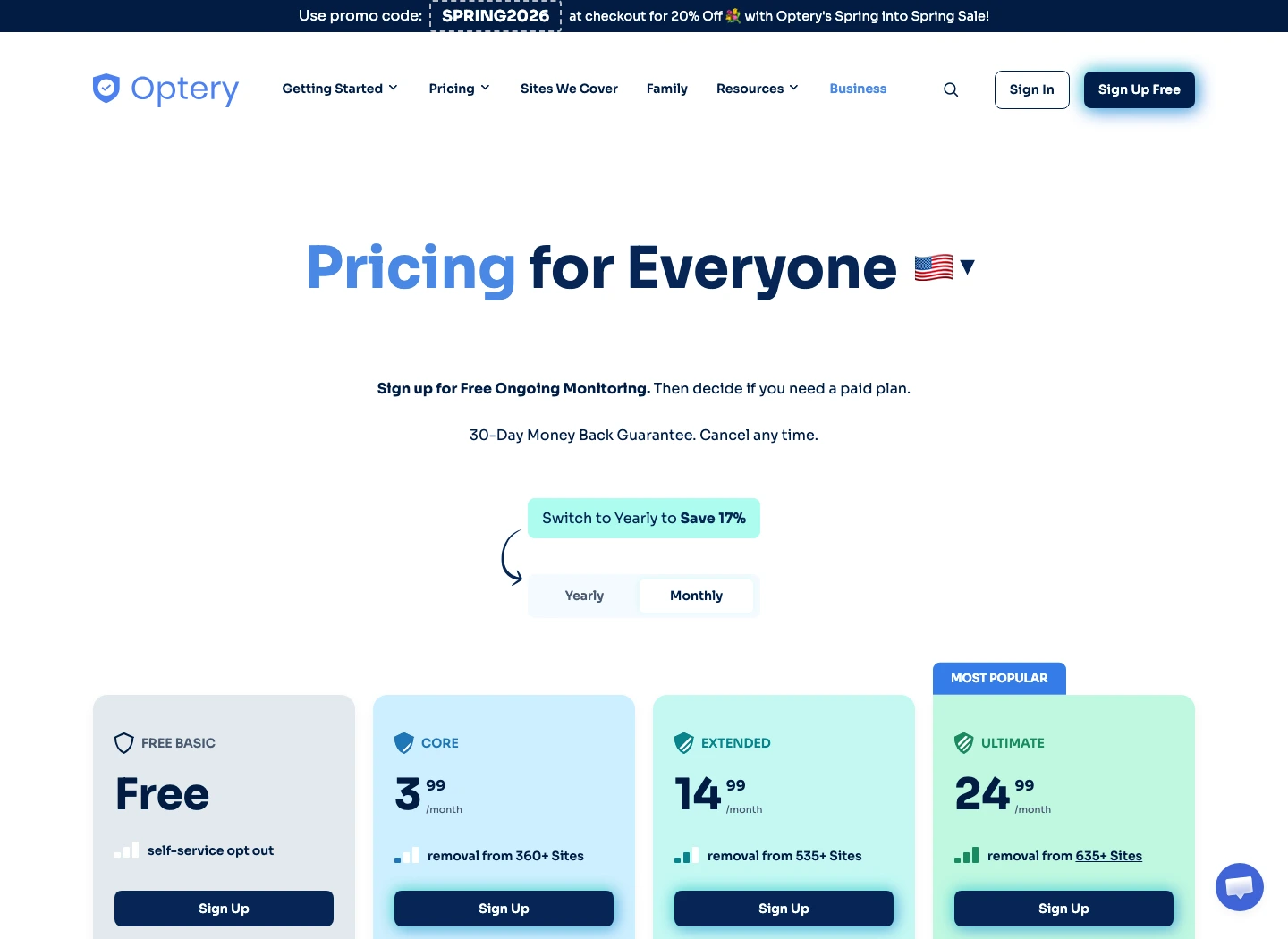 Optery pricing page showing Free Basic, Core, Extended, and Ultimate monthly pricing and site coverage