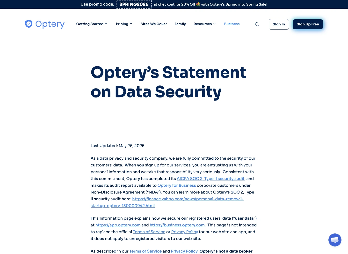 Optery security page describing encryption, access controls, SOC 2 Type II, and privacy safeguards