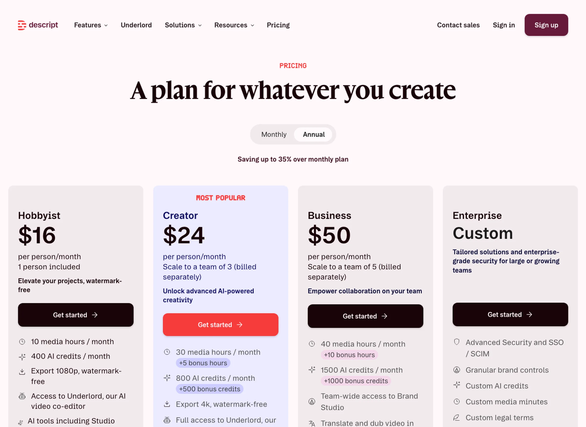 Descript pricing page showing Hobbyist, Creator, Business, and Enterprise plans with AI credits and media hours
