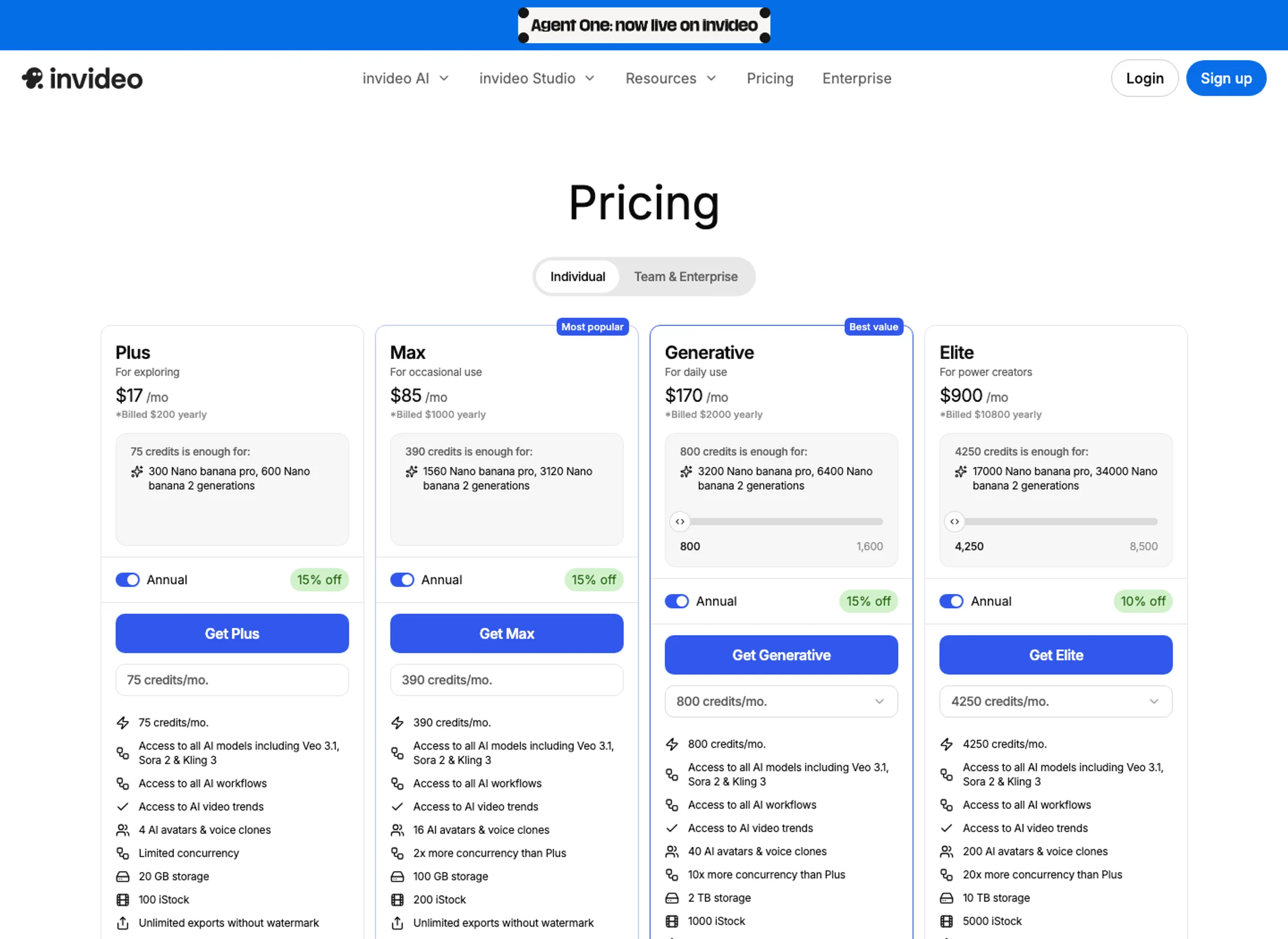 InVideo AI pricing page showing Plus, Max, Generative, and Elite annual plans with monthly credits