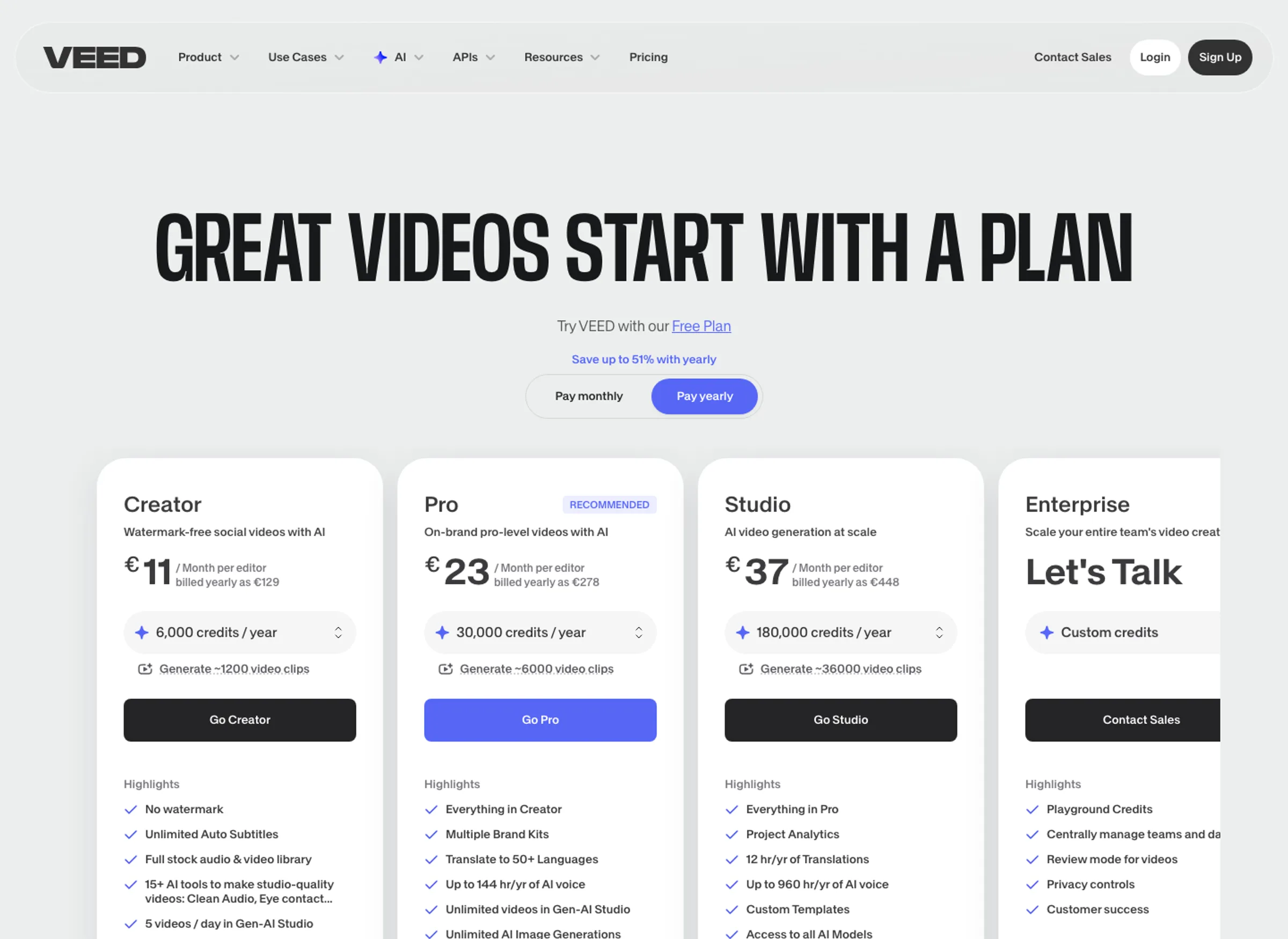 VEED pricing page showing Creator, Pro, Studio, and Enterprise plans with annual EUR pricing and credits