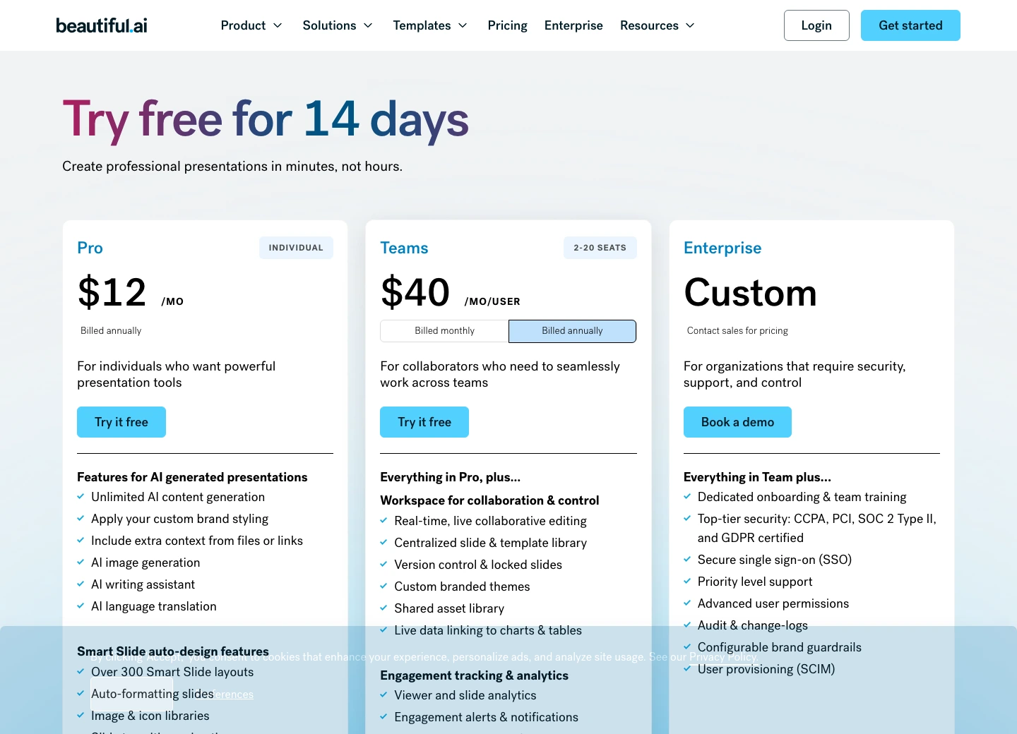 Beautiful.ai pricing page showing Pro, Team, Enterprise, and monthly project options