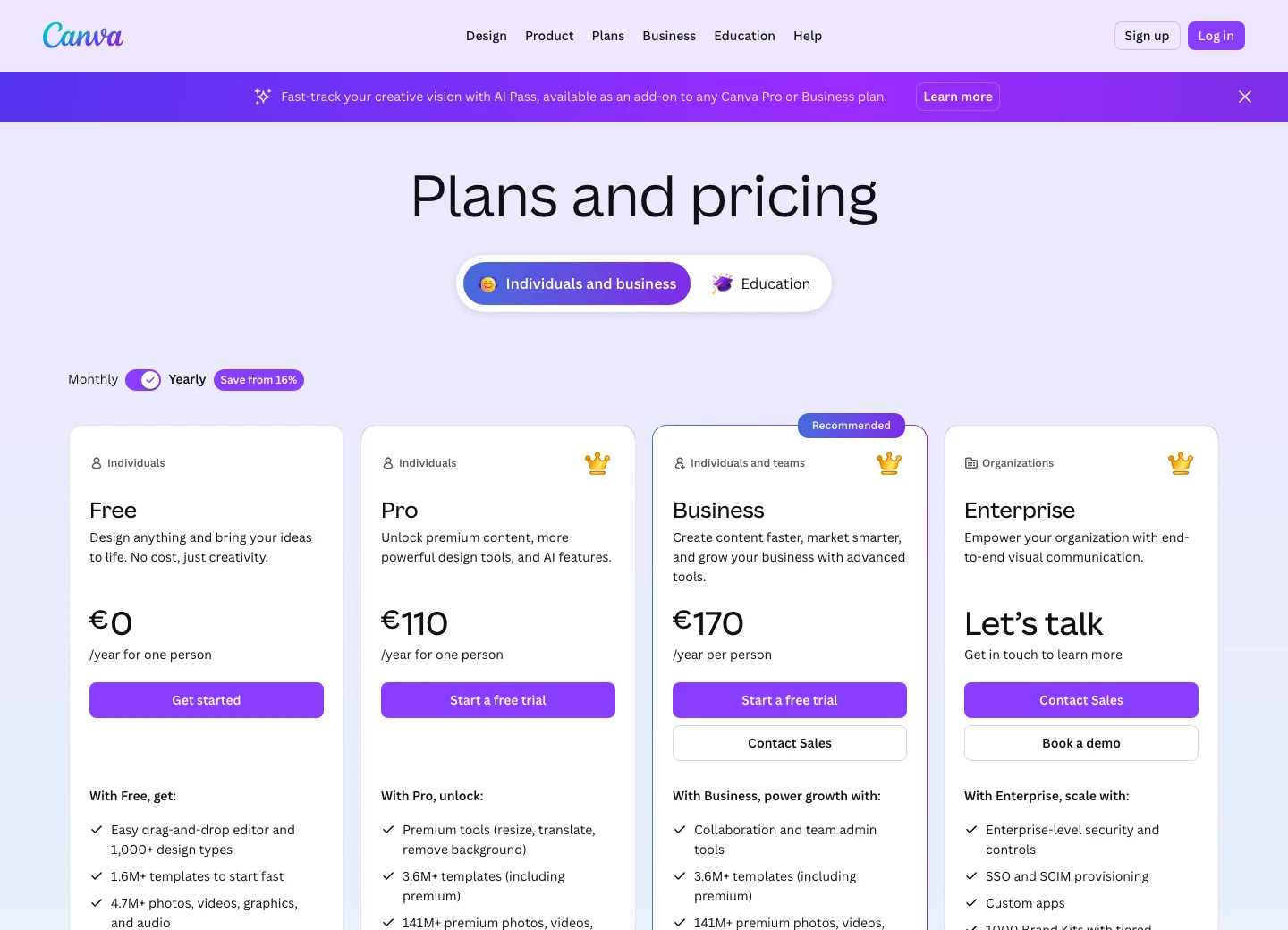 Canva pricing page showing Free, Pro, Business, and Enterprise plans