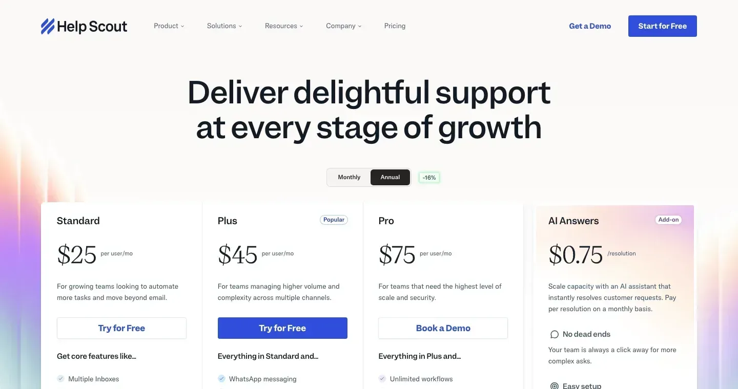 Help Scout pricing page showing Standard, Plus, Pro, and AI Answers pricing