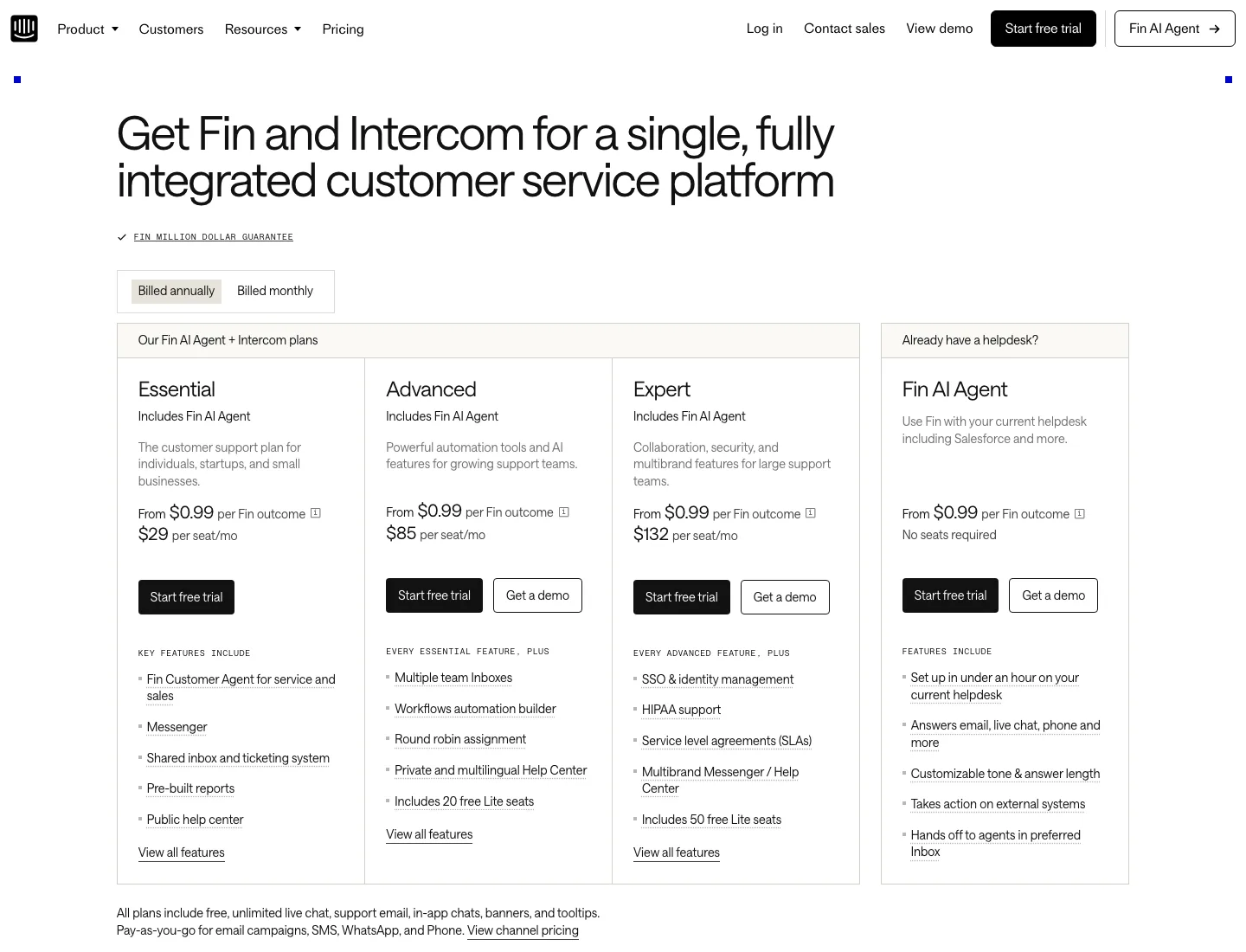 Intercom pricing page showing Essential, Advanced, Expert, and Fin AI Agent outcome pricing