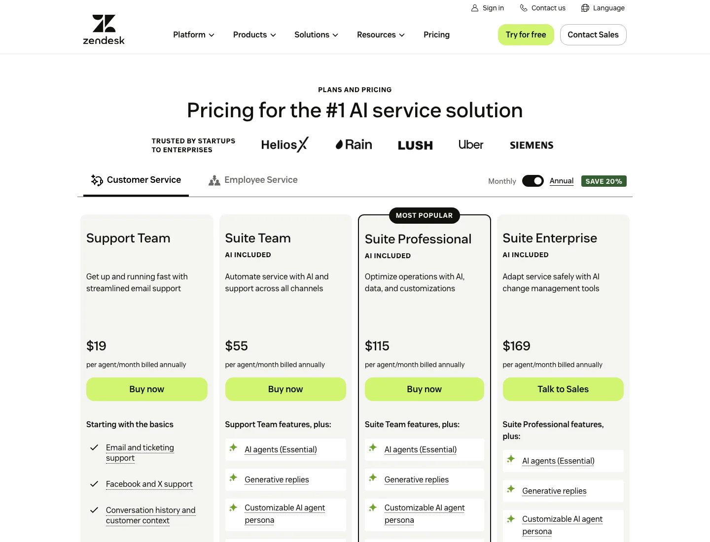 Zendesk pricing page showing Support Team, Suite Team, Suite Professional, and Suite Enterprise plans
