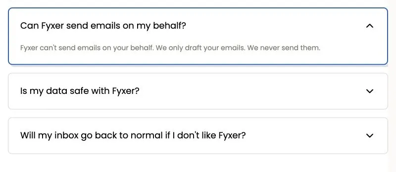 Fyxer official pricing FAQ stating that Fyxer only drafts emails and never sends them
