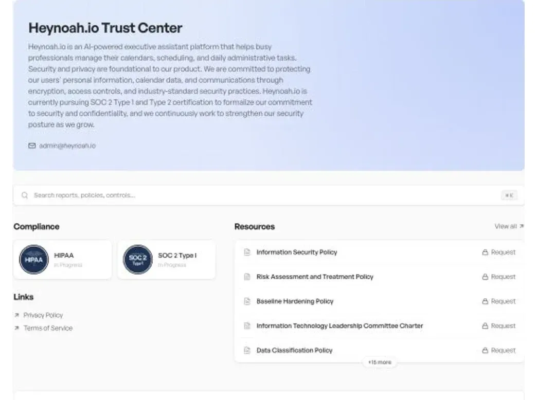 Hey Noah public Trust Center showing SOC 2 pursuit and HIPAA and SOC 2 Type I marked in progress
