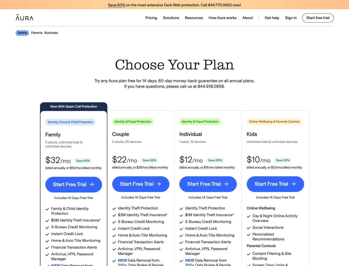 Aura pricing page showing Family, Couple, Individual, and Kids plan pricing