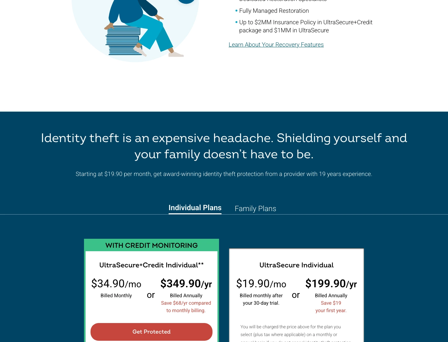 IdentityForce pricing page showing UltraSecure and UltraSecure+Credit plan pricing